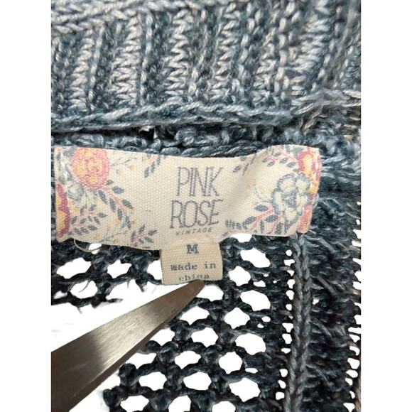 Pink Rose Gray Loose Knit Open Front Cardigan Women's Size M Peasant Cottage - Picture 3 of 4